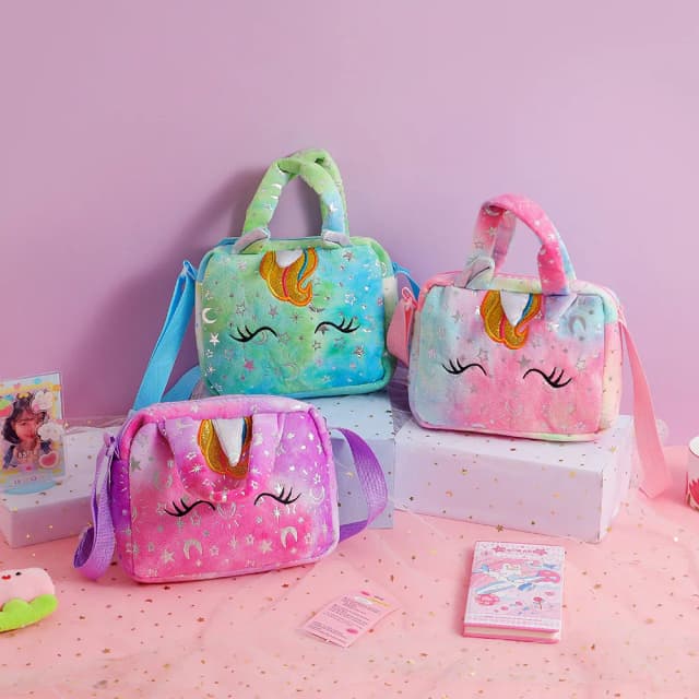 Borsa alla moda per roba per bambini Borsa a tracolla in peluche tie-dye per unicorno Borsa a tracolla carina Borsa a tracolla colorata per ragazza