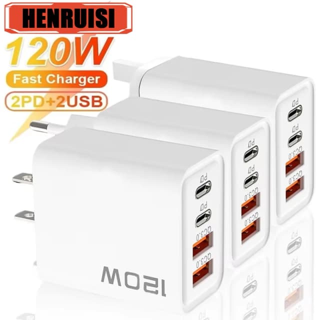 Caricatore USB C PD 120W a 4 porte Carica rapida 3.0 Tipo C Caricabatterie per telefono USB Adattatore di ricarica rapida per Samsung iPhone Xiaomi Huawei