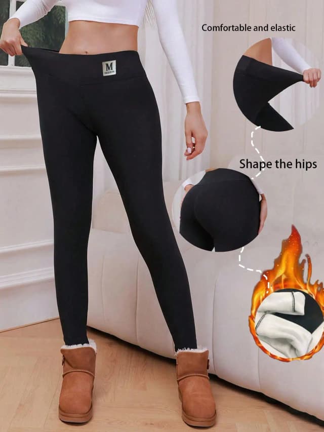 Leggings neri termici invernali caldi in peluche da donna-pantaloni elastici accoglienti per l'autunno e l'inverno