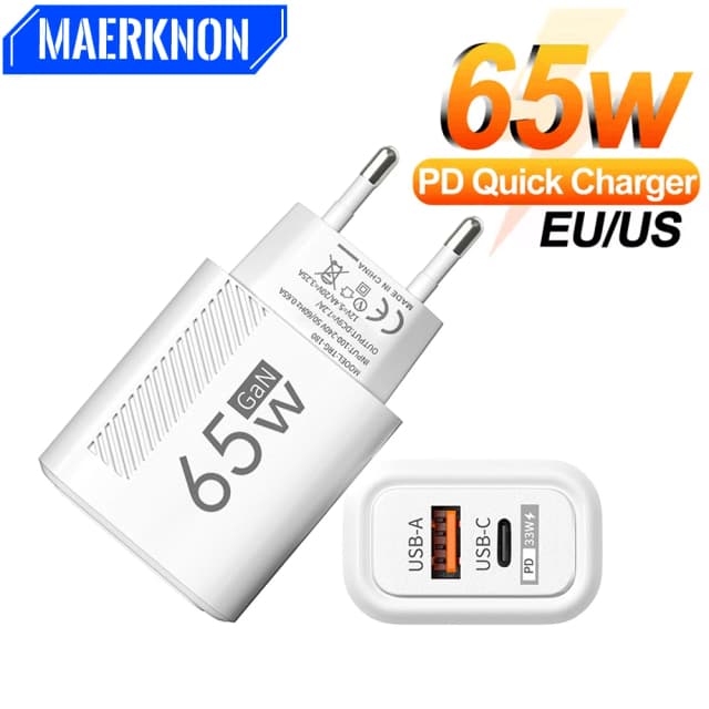 Caricatore rapido USB C GaN da 65 W QC3.0 Adattatore per caricabatterie per telefono con spina UE/USA per iPhone Samsung Xiaomi Caricatore da muro di tipo C a ricarica rapida