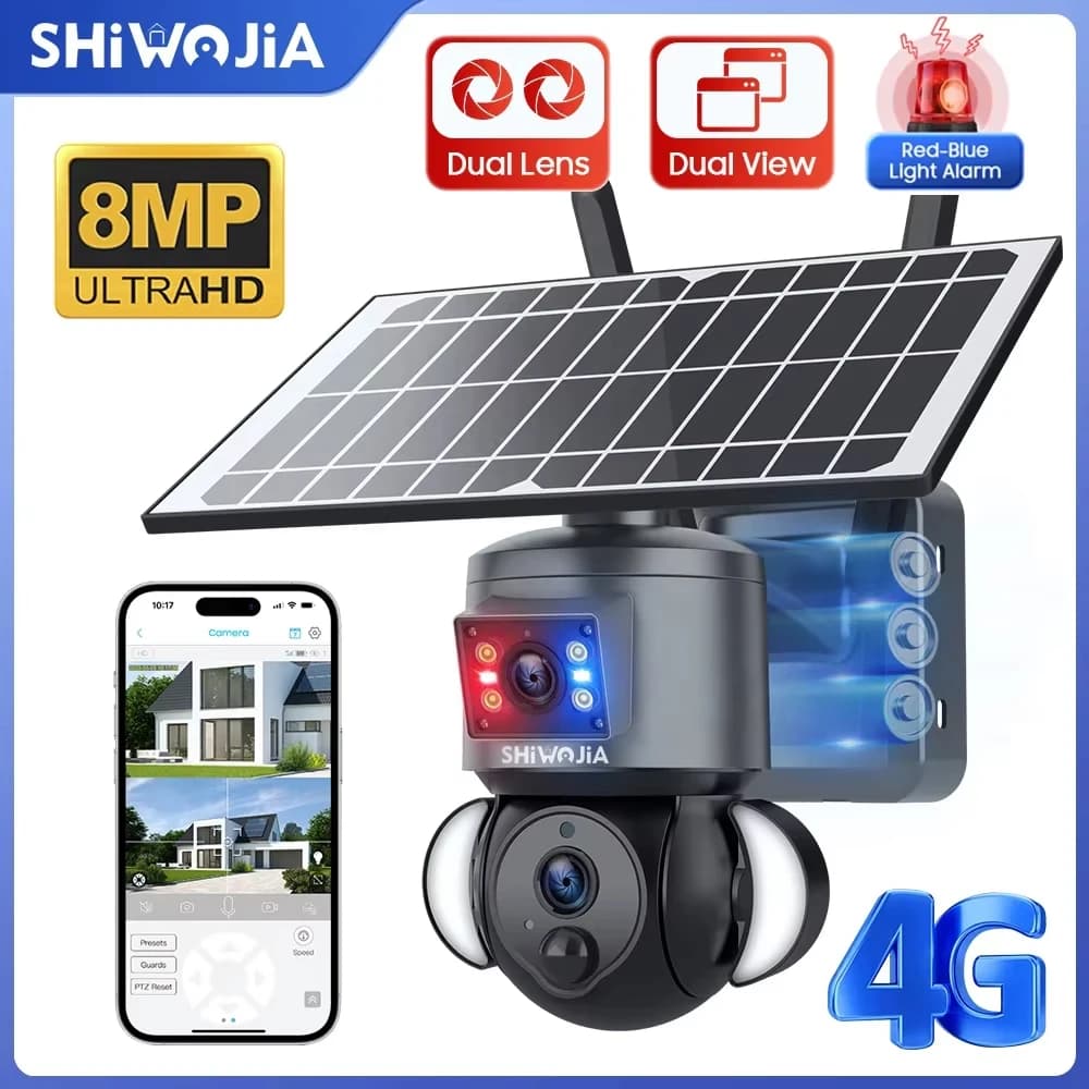 SHIWOJIA 4K 8MP Telecamera solare 4G SIM/WIFI Sicurezza Esterna Doppia lente Registrazione Tracciamento umanoide Visione notturna a colori PTZ Cam