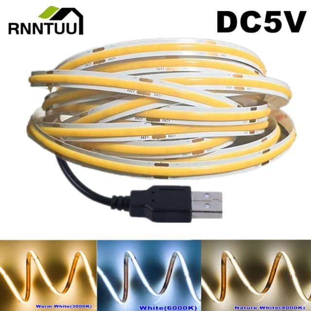 Striscia luminosa a LED DC5V COB con alimentatore USB 320LED/m illuminazione flessibile ad alta densità Striscia luminosa multicolore 3000K/4500K/6500K