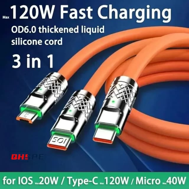 Cavo di ricarica rapida tipo C da 120 W 6A Micro3 in 1 Cavo di ricarica micro USB per iPhone Cavo USB per caricabatterie per telefono Samsung Huawei Xiaomi