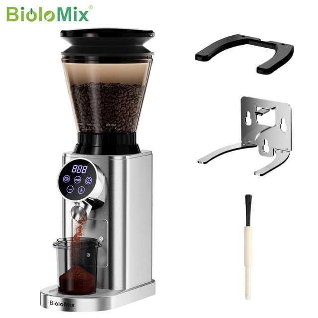 Macinacaffè elettrico BioloMix conico con supporto rimovibile, con 48 impostazioni di macinatura regolabili, per caffè espresso