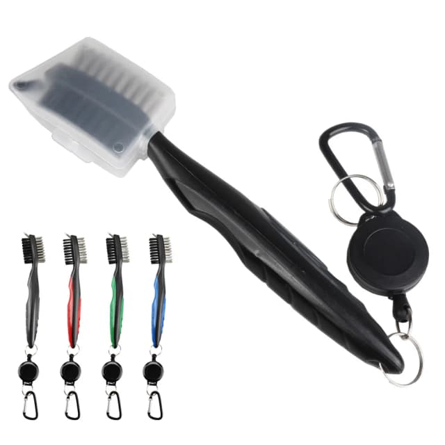 Pulitore per scanalature per spazzole per mazze da golf, setole in nylon retrattili a doppia faccia, moschettone in alluminio, kit di strumenti per la pulizia delle scanalature
