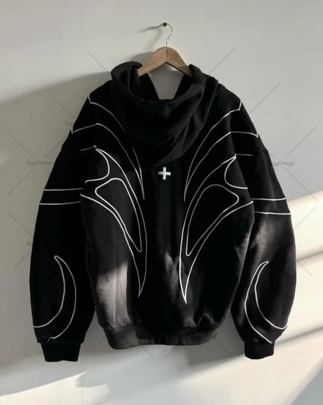 Abbigliamento moda retrò da strada Felpa con cappuccio nera ricamata a righe con doppia cerniera Felpa oversize punk hip-hop americana da uomo