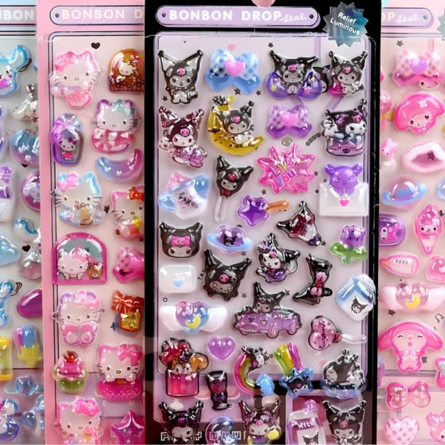 Luminoso carino Sanrio 3D adesivi in rilievo Kawaii Girls Kuromi Cinnamoroll My Melody decalcomanie di cristallo decorazione per bambini confezioni di adesivi