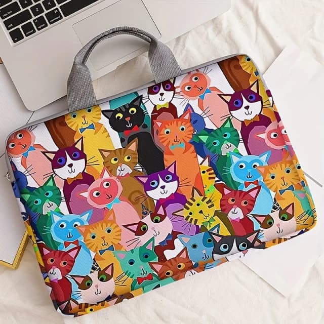 Set di un pezzo, due stili, borsa per laptop stampata con motivo gatto colorato, valigetta, adatta per laptop da 14 pollici