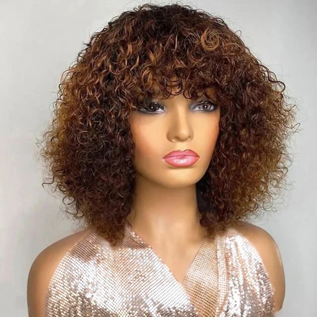 Parrucche corte per capelli umani con taglio pixie Bob con frangia Parrucca piena riccia Jerry a macchina Evidenzia parrucche colorate biondo miele per le donne