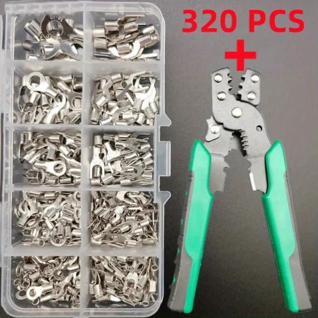 Combinazione di pinze multifunzionali 4 in 1 da 320 pezzi, terminali a crimpare con naso in rame, terminali nudi pressati a freddo in ottone stagnato OT/UT