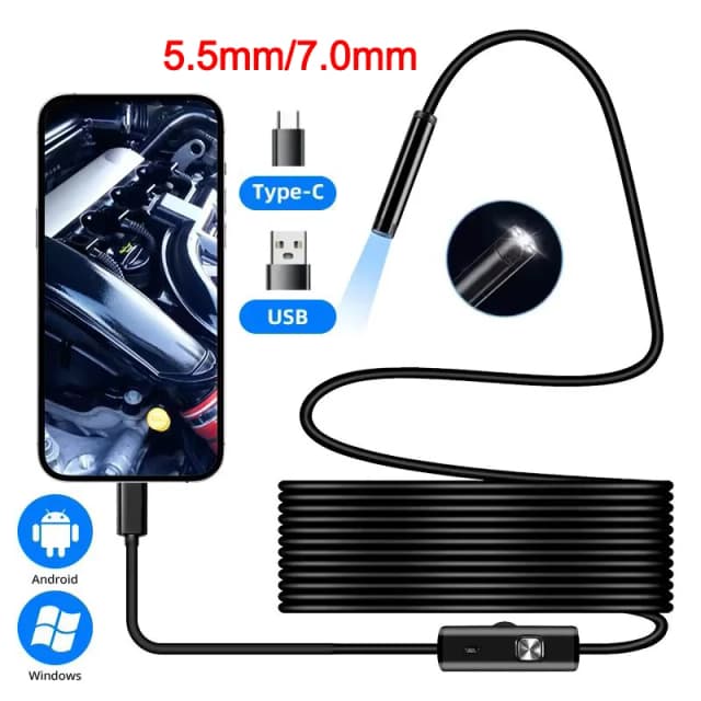 Telecamera endoscopio tipo C da 5,5/7,0 mm IP67 impermeabile con 6 LED regolabili USB Android Periscopio di ispezione flessibile per PC telefonico