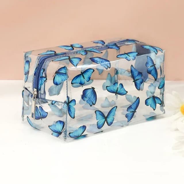 Borsa per il trucco trasparente Moda trasparente da viaggio Mini borse portaoggetti portatili per il lavaggio Borsa per cosmetici con cerniera da donna con stampa di fiori di fragola