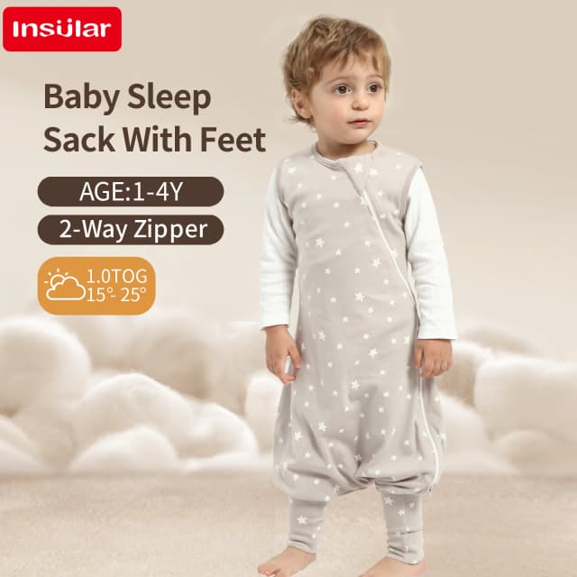 INSULAR Sacco nanna morbido per bambini con piedi Sacchi nanna senza maniche per neonati Abbigliamento per la casa per bambini Cotone premium Cerniera bidirezionale4 stagioni