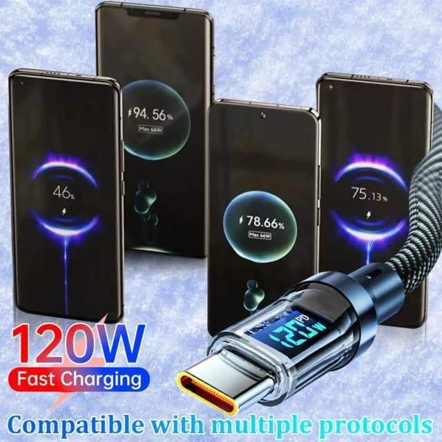 Cavo USB tipo C 6A Cavo PD Ricarica rapida Cavo dati in nylon con display digitale a LED da 120 W per iPhone Xiaomi Samsung Cavo di ricarica USB C