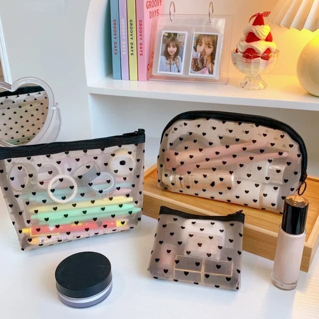 Borse portaoggetti in rete a forma di cuore trasparente Borsa per cosmetici necessaria da donna Organizzatore da viaggio Borse da toilette nere piccole e grandi Custodia per trucco