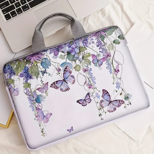 Set monopezzo, due stili, borsa per laptop e valigetta con motivo a farfalla viola, adatto per laptop da 14 pollici