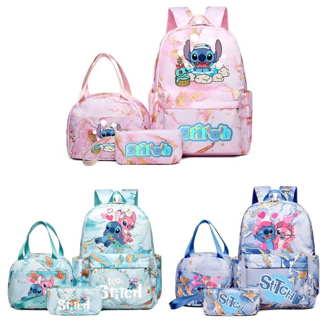 Set di zaini con stampa Stitch da 3 pezzi, con borsa e custodia, zaino da esterno leggero e traspirante di grande capacità
