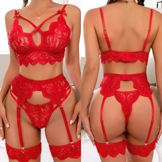 Set esotici con fiocco sexy Scava fuori la biancheria intima da donna Lingerie sexy ritagliata erotica Reggiseno Mutandine e giarrettiere Set di lingerie Lenceria Mujer