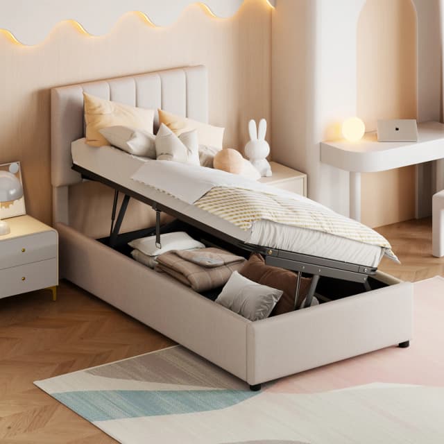 Letto imbottito per bambini 90x200 cm, letto con contenitore idraulico, letto singolo, lino beige